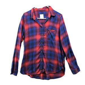 American Eagle Vintage Boyfriend Shirt Womens L Blue Red Plaid Button Down